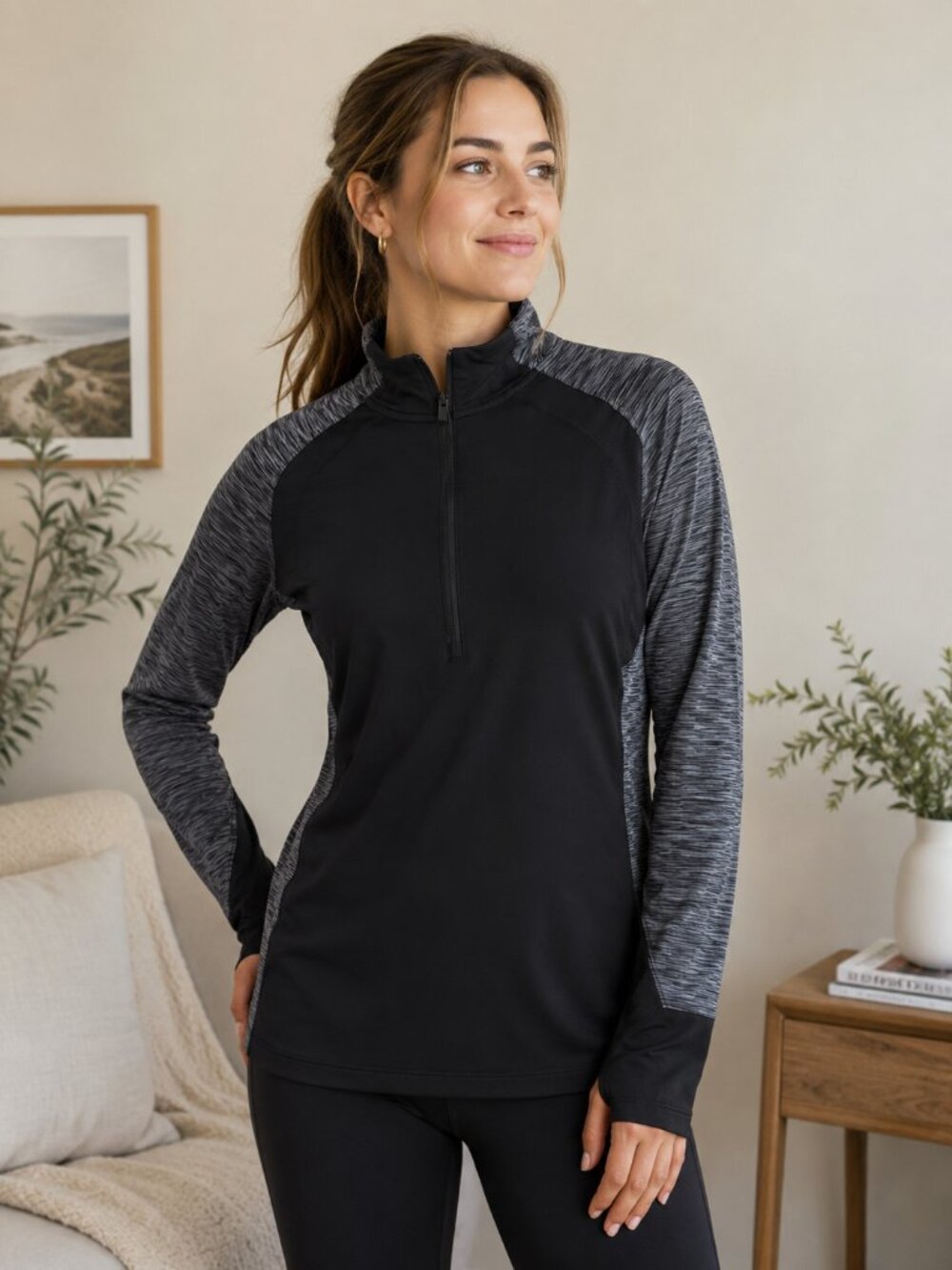 Danskin‎ Now Large 12/14 Black Gray 1/4 Zip Athletic Top Pullover Activewear